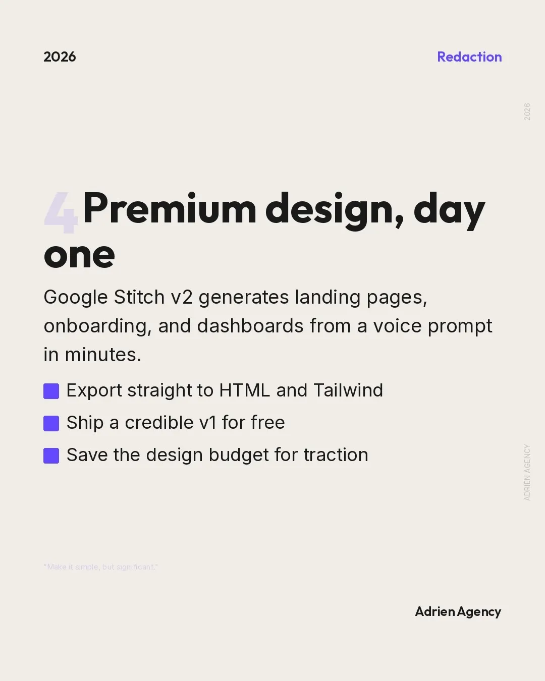 Premium design, day one. Google Stitch v2 generates landing pages.